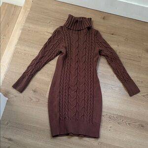 Brown Cable Knit Turtleneck Sweater Dress